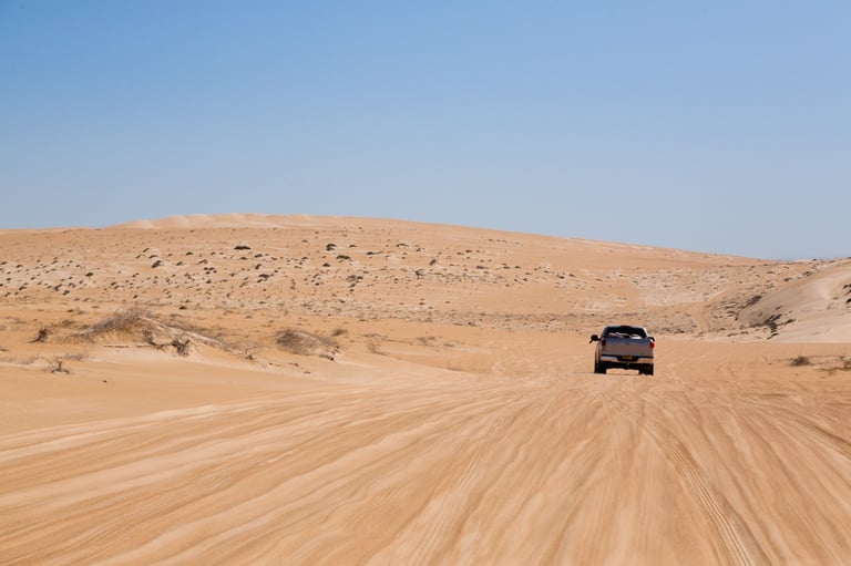 Panoramic desert landscape with off-road tracks near Al Badayer
