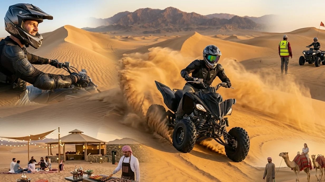 Quad bikers racing through sandy desert dunes with spectators and camp tents visible in background