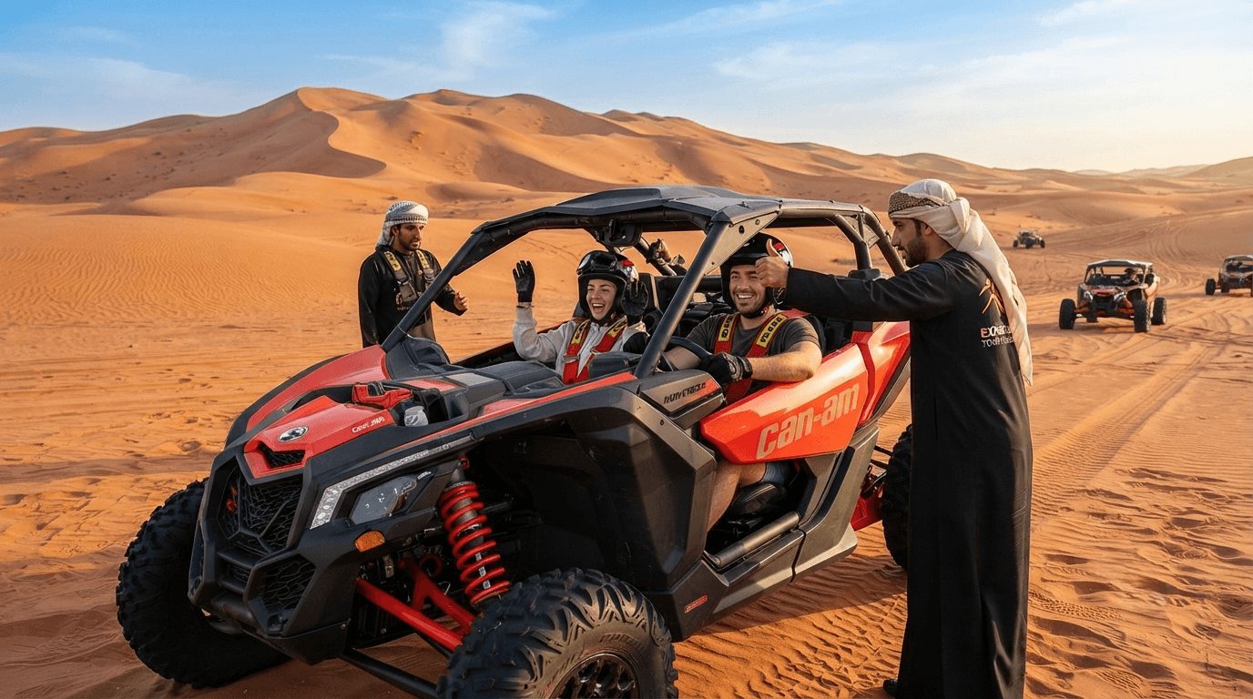 Red and black dune buggy with passengers in desert surrounded by sand dunes and other vehicles
