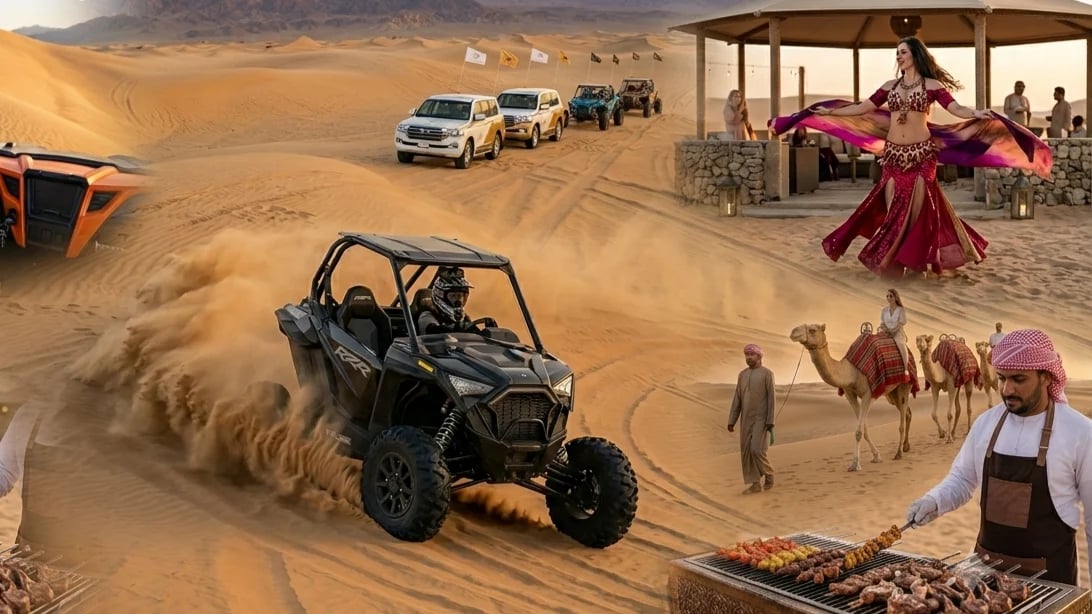 Buggy kicking up sand in desert with SUVs, Bedouin camp, and belly dancer in background