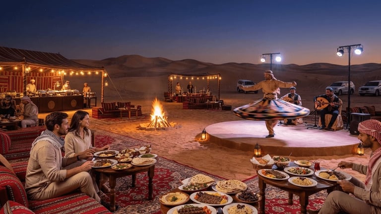 Luxury desert evening gathering with guests dining around illuminated fire pit under starry sky