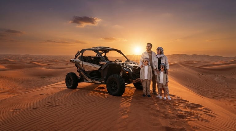 Couple posing beside a black dune buggy in the desert at sunset with golden sky